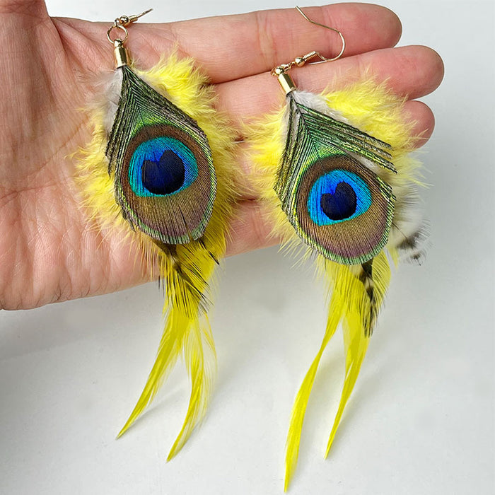 Festival Feather Earrings with Purple, Yellow, and Green Peacock Feathers