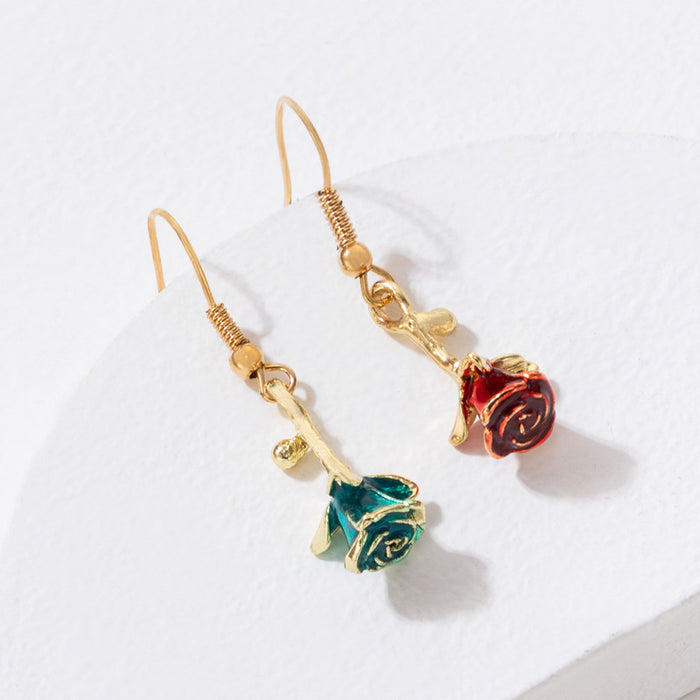 Colored oil drop rose ear hook geometric three-dimensional flower earrings