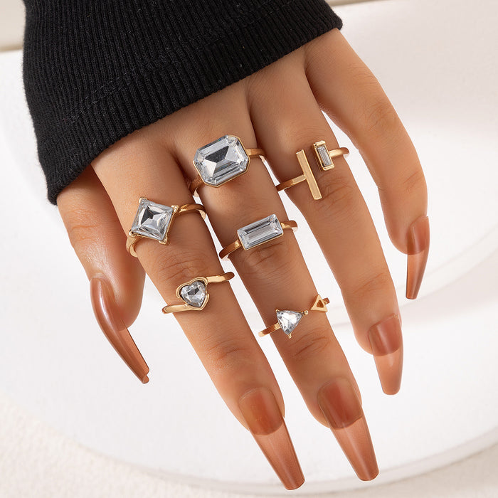 Gemstone Ring Set - 6-Piece Heart and Triangle Rings for Women