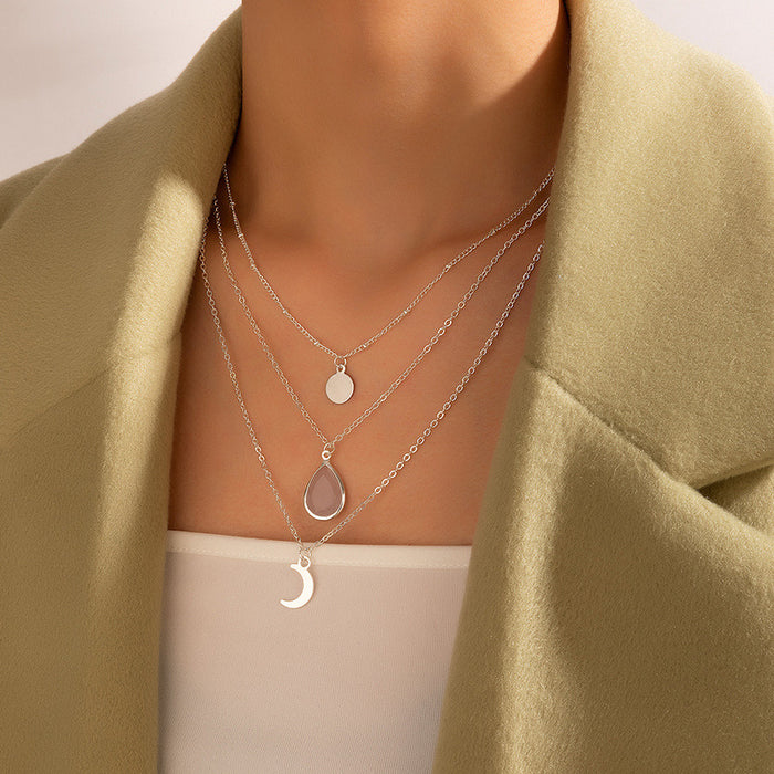 Imitation Jade Inlaid Three-Layer Necklace with Crescent Moon and Disc Design