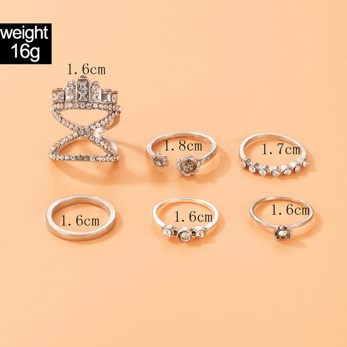 Six-piece diamond cross ring set, flower-shaped diamond-studded open design