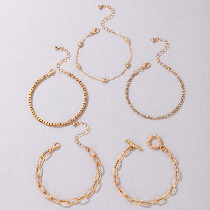 Geometric Rhinestone Chain Bracelet Set - Five-Piece Open Cuff Jewelry