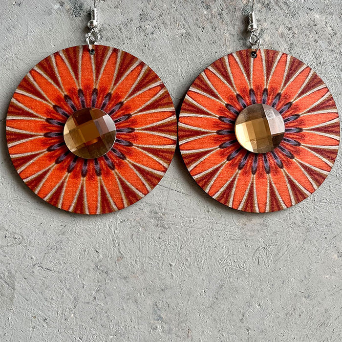 Wooden round rhinestone earrings