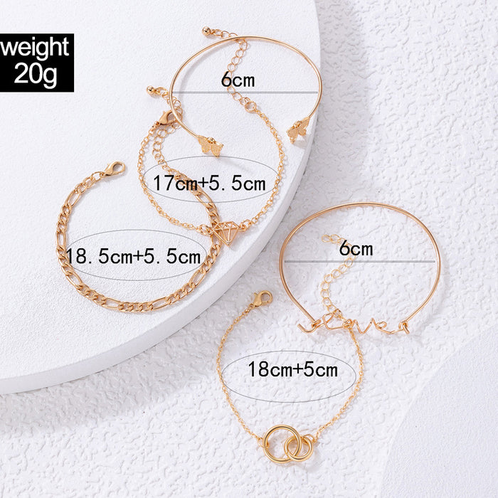 Butterfly Diamond Hollow Bracelet Set - Round Letter Chain Open Cuff Bangle