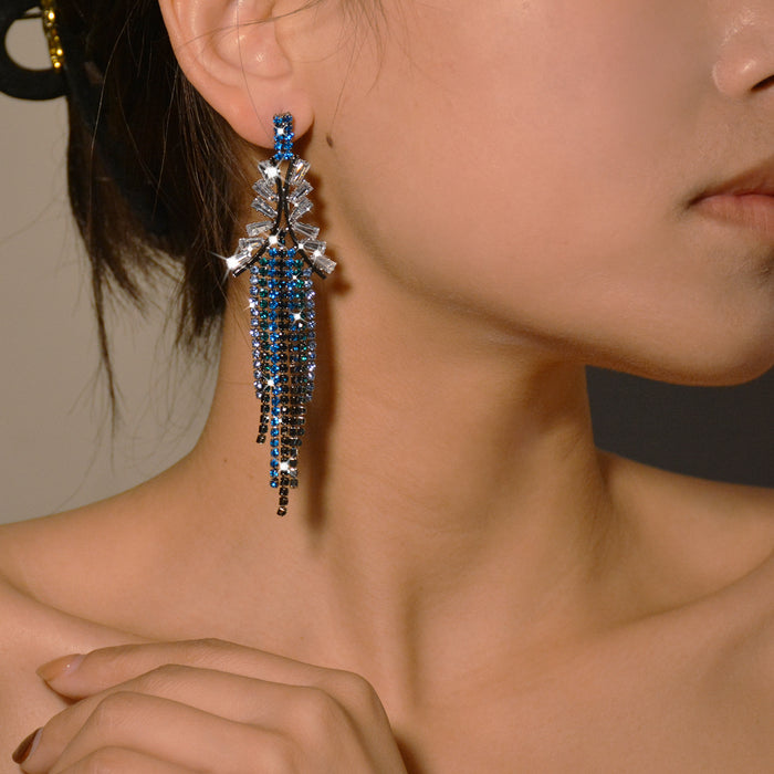 Deep Blue and Silver Tassel Earrings - Creative Long Statement Jewelry for Women