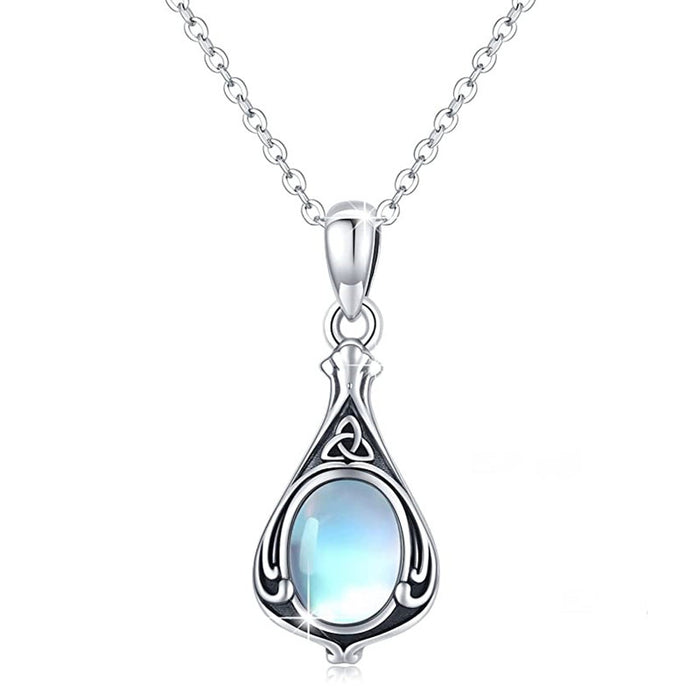 Imitation moonstone vine necklace, teardrop-shaped antique silver pendant