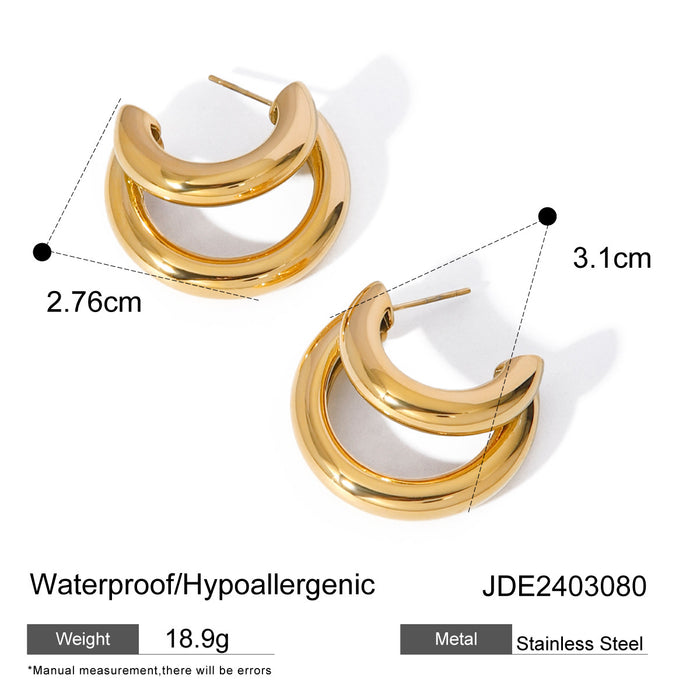 18K Gold Plated Stainless Steel Double Layered C-Shape Earrings - Fashionable Jewelry