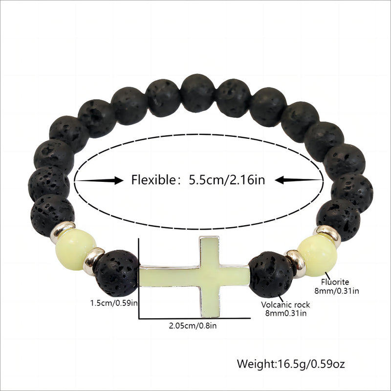 Wholesale Multi-colored Glow-in-the-Dark Volcanic Stone Bracelets with Cross Beads - wallojewerly 
