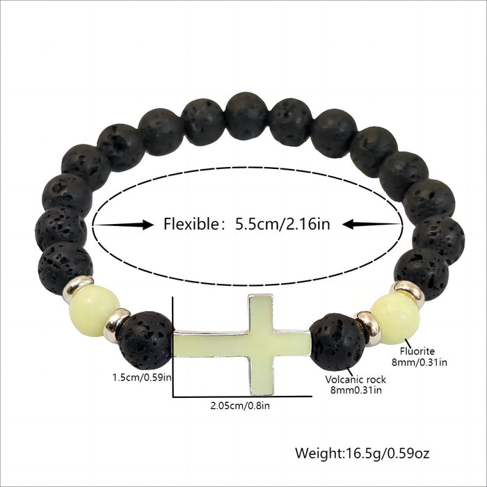 Wholesale Multi-colored Glow-in-the-Dark Volcanic Stone Bracelets with Cross Beads - wallojewerly 