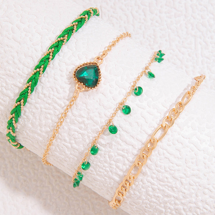 Green Heart Rhinestone Anklet Set with Woven Rope - Multilayer Beach Jewelry