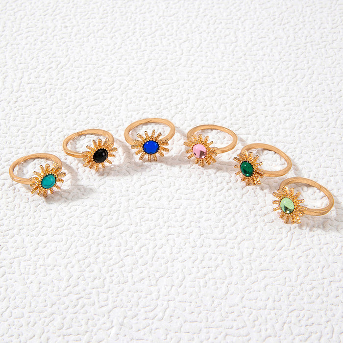 Colorful Gemstone Sun Ring Set - Trendy Turquoise Six-Piece Set for Women