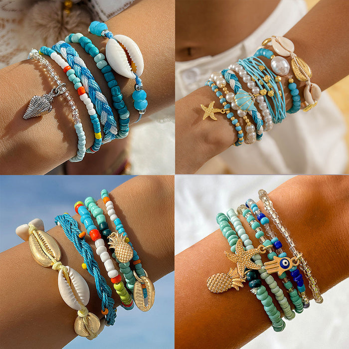 Bohemian Shell and Pineapple Bracelet Set – Ocean-Inspired Layered Jewelry