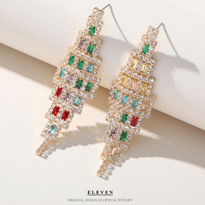 Colorful Zircon Fan Earrings - Heavy Rhinestone Dangles for Fall and Winter