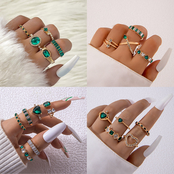 Green Gemstone Heart Ring Set - Small Geometric Five-Piece Set