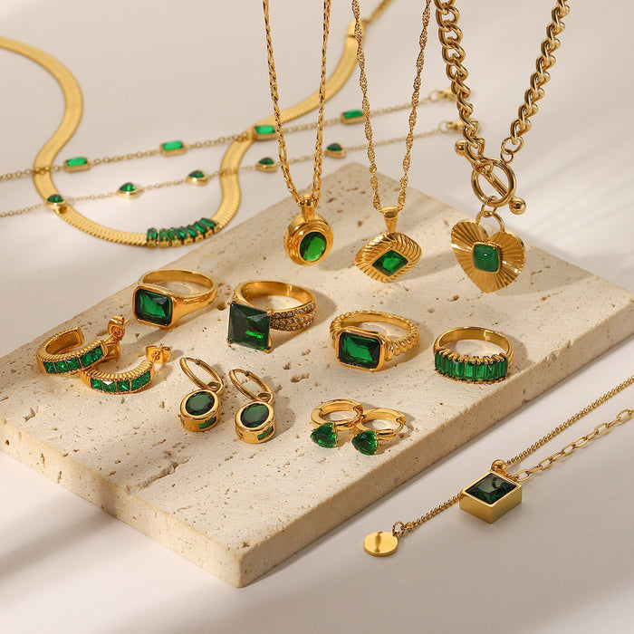 Vintage Green Zircon Jewelry Set - Stainless Steel Necklace, Earrings, Bracelet, and Ring for Women - wallojewerly 