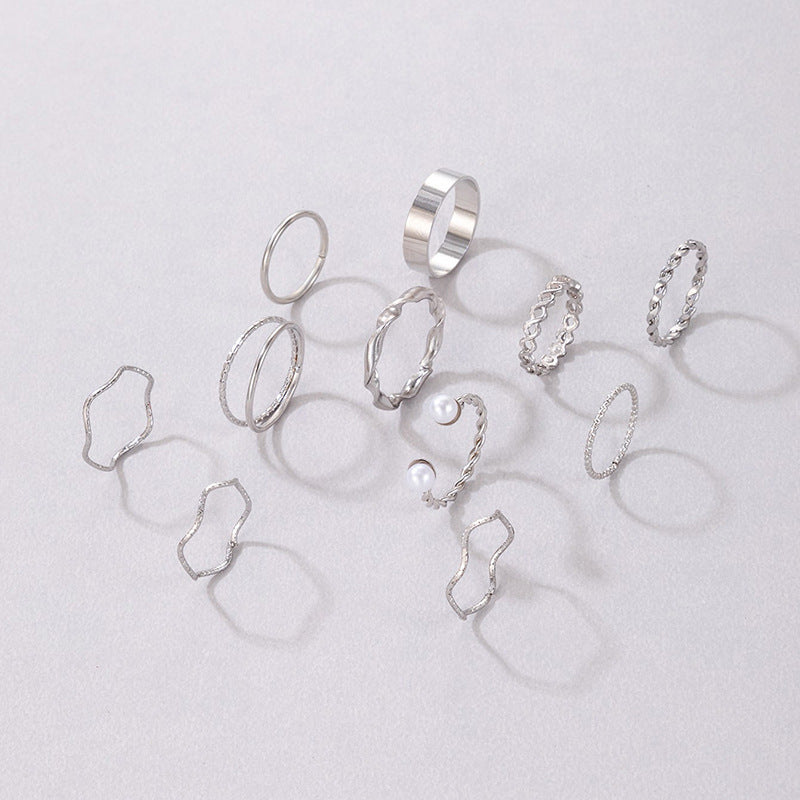 Ins Cool Minimalist Wave Twist Ring Set – Beaded Pearl Inlaid, 11-Piece Collection