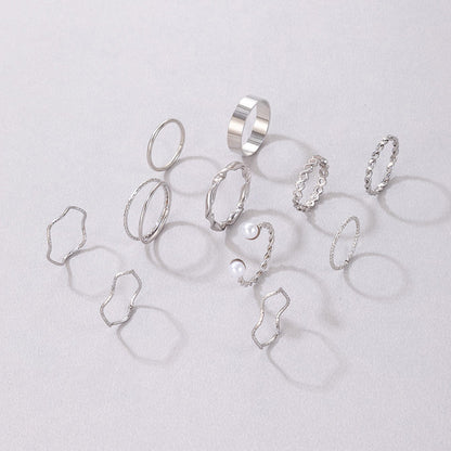 Ins Cool Minimalist Wave Twist Ring Set – Beaded Pearl Inlaid, 11-Piece Collection