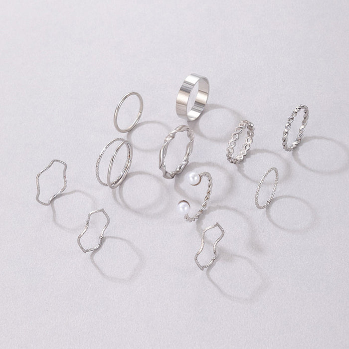 Ins Cool Minimalist Wave Twist Ring Set – Beaded Pearl Inlaid, 11-Piece Collection