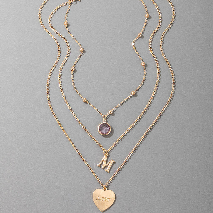 Letter Heart Three-Layer Necklace with Imitation Crystal Inlay Multi-Layer Design