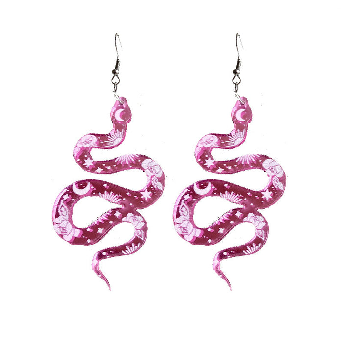 Spring Summer Floral Snake Earrings with Pink Mirror Surface Design