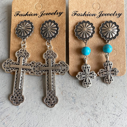 Vintage Cross and Pumpkin Flower Earrings with Turquoise and Alloy Design