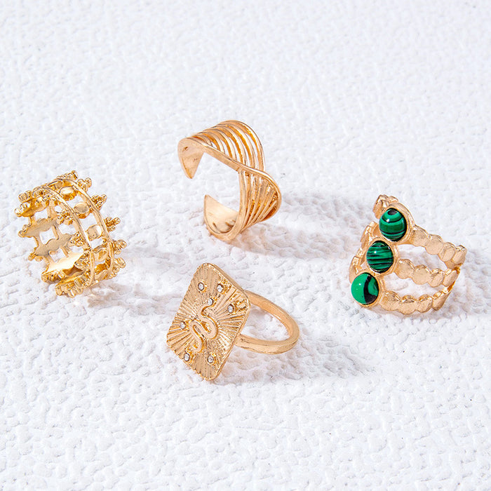 Punk Style Green Gemstone Snake Ring Set - 4pcs Geometric Exaggerated Rings