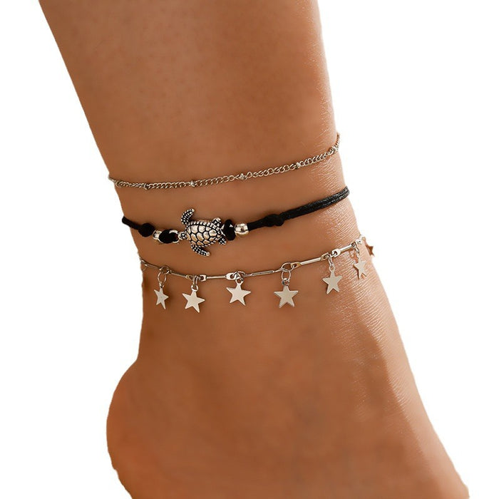 Creative Ethnic Star Turtle Anklet Three-Piece Set with Unique Design