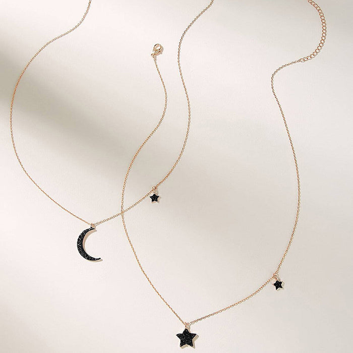 Star and Moon Diamond Double Layer Necklace with Geometric Crescent Multi-Layer Design