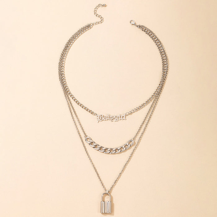 Heavy Metal Letter Chain Multi-Layer Necklace with Geometric Lock Design