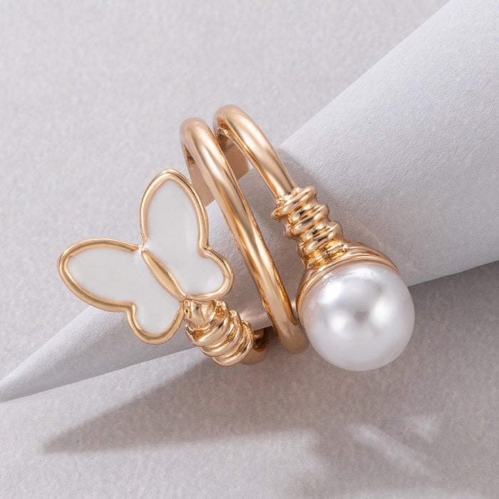 Butterfly pearl oil drop single ring, geometric Korean style simple opening