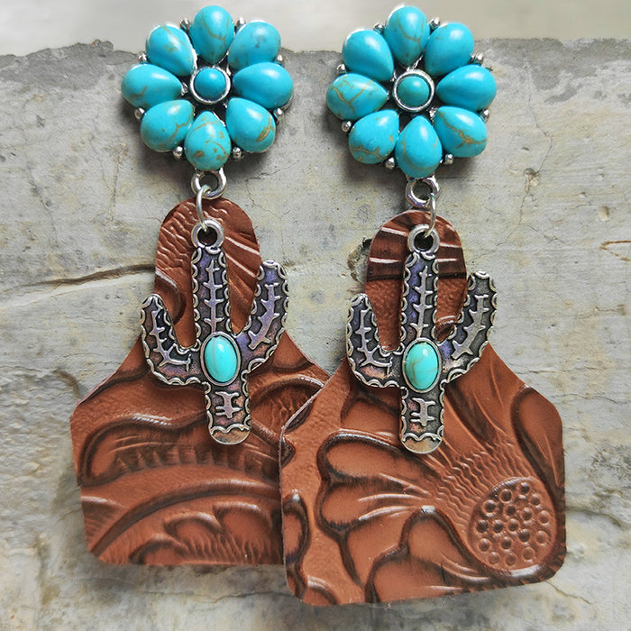 Pendientes de piel con relieve bohemio con pelo largo y diseño de cactus