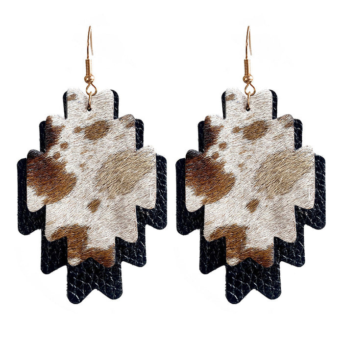 Western Cowboy Earrings with Double-Layer Aztec and Cowhide Design