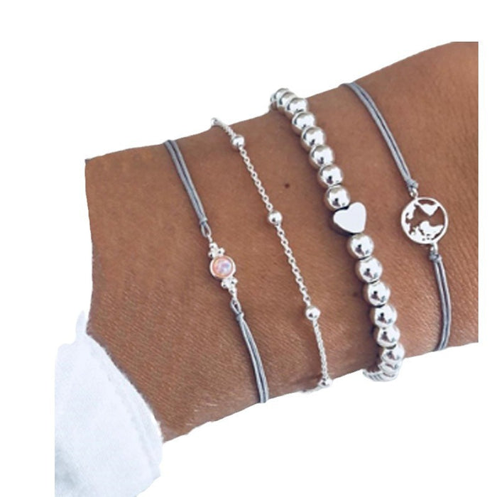 Creative Heart and Bead Bracelet Set - Four-Piece Map Design