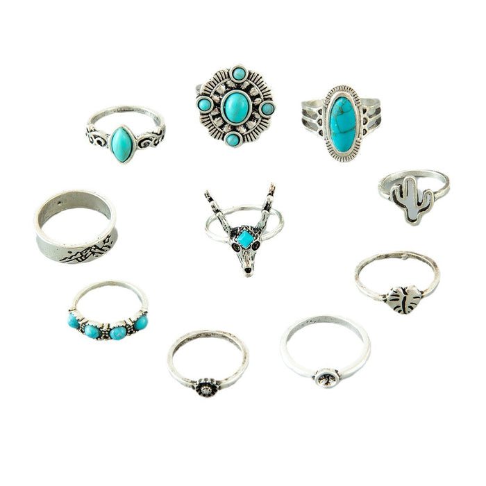 Turquoise Cactus Heart Rings - 10pcs Set