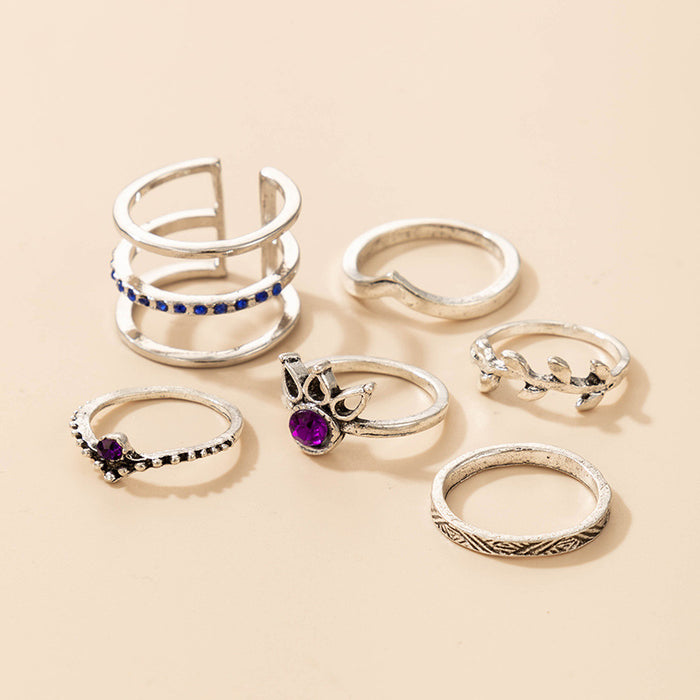 Blue and purple diamond leaf ring six-piece set geometric hollow ring combination