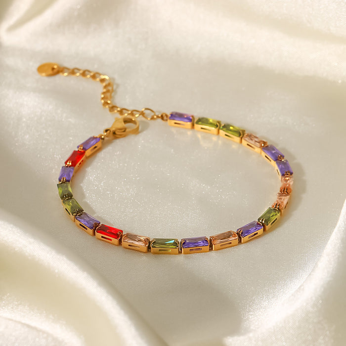 Nuevo conjunto de pulsera y collar de acero inoxidable bañado en oro de 18 quilates: colgantes de circonitas cuadradas y multicolores