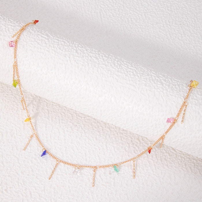 Colorful Rhinestone Tassel Necklace - Simple Alloy Choker