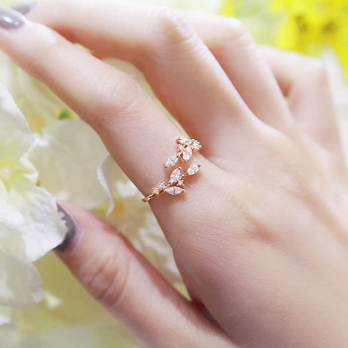 Small fresh and simple leaf zircon open ring, personalized index finger pinky ring