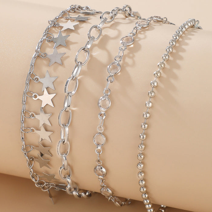 Punk Style Simple Round Bead Chain with Star Tassel Anklet Four-Piece Set