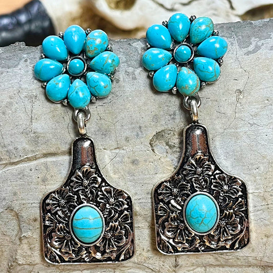 Vintage Ethnic Turquoise Flower Earrings with Bull Tag and Alloy Design