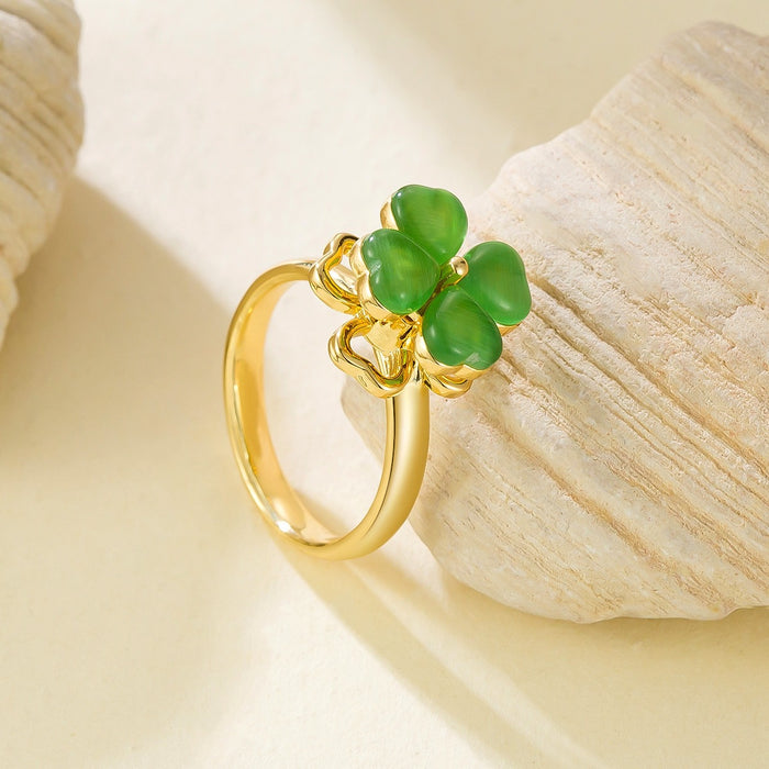 Wholesale green cat's eye four-leaf clover rotating opening ring