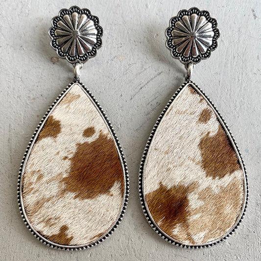 Western Animal Print Leather Earrings with Bohemian Style and Pumpkin Flower Design