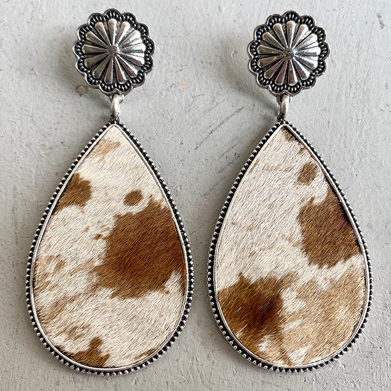 Western Animal Print Leather Earrings with Bohemian Style and Pumpkin Flower Design - wallojewerly 