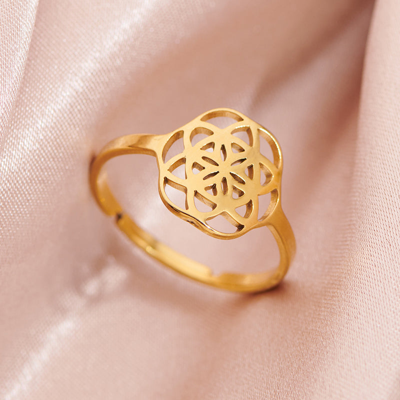 Anillo de flor de mandala, anillo abierto hueco de acero inoxidable galvanizado de 18 quilates al por mayor