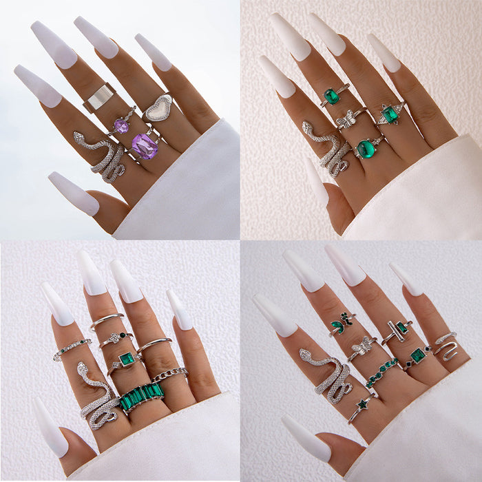 Green Gemstone Butterfly Open Ring Set - Snake Eight-Piece Set