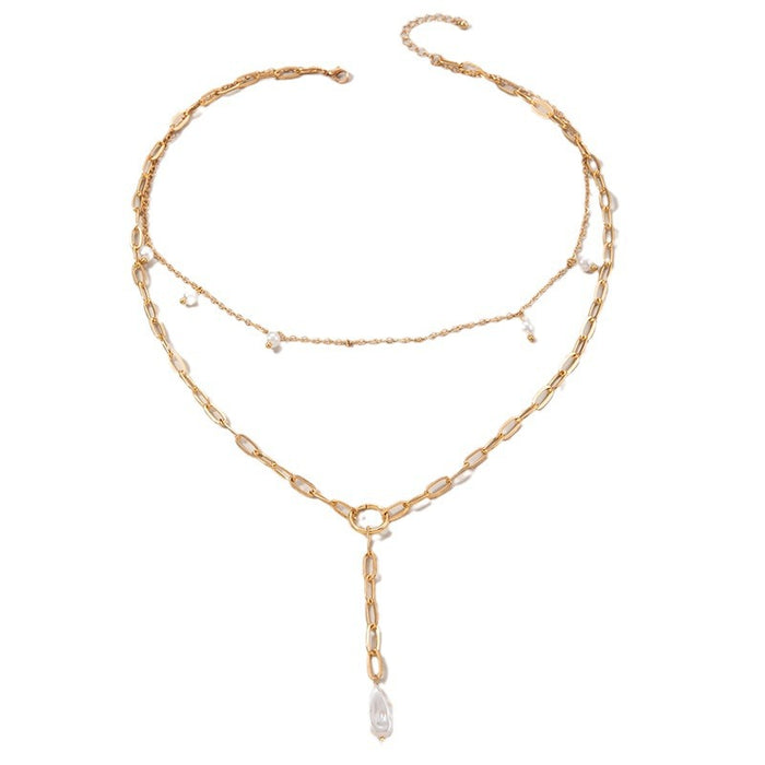 Double Layered Faux Pearl Choker Necklace - Baroque Geometric Long Chain Jewelry for Women