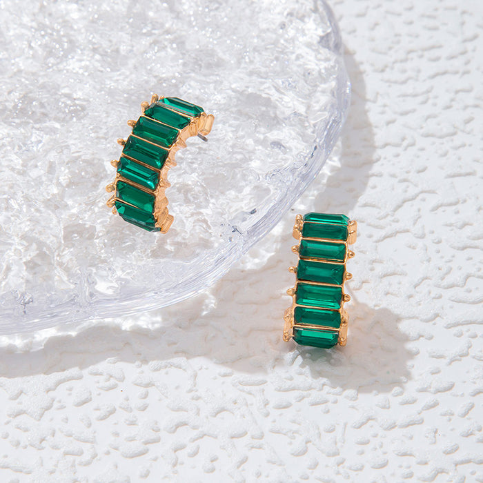 Vintage emerald diamond C-shaped earrings, elegant and simple earrings