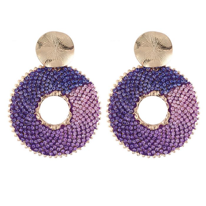 Exaggerated Gradient Rhinestone Earrings - Round Studs with Sparkling Tassels