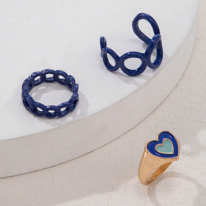 Niche design blue oil drop heart three-piece ring set