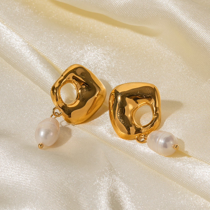 18K Gold Stainless Steel Pearl Earrings - Irregular Pendant Design Jewelry